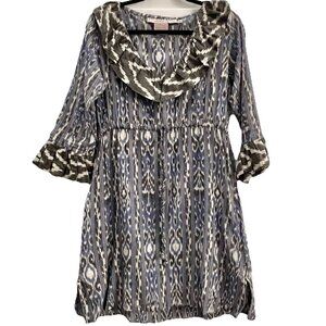 Gretchen Scott Women’s Ruffle Neck Cotton Dress Size XS Aztec Print Black Purple